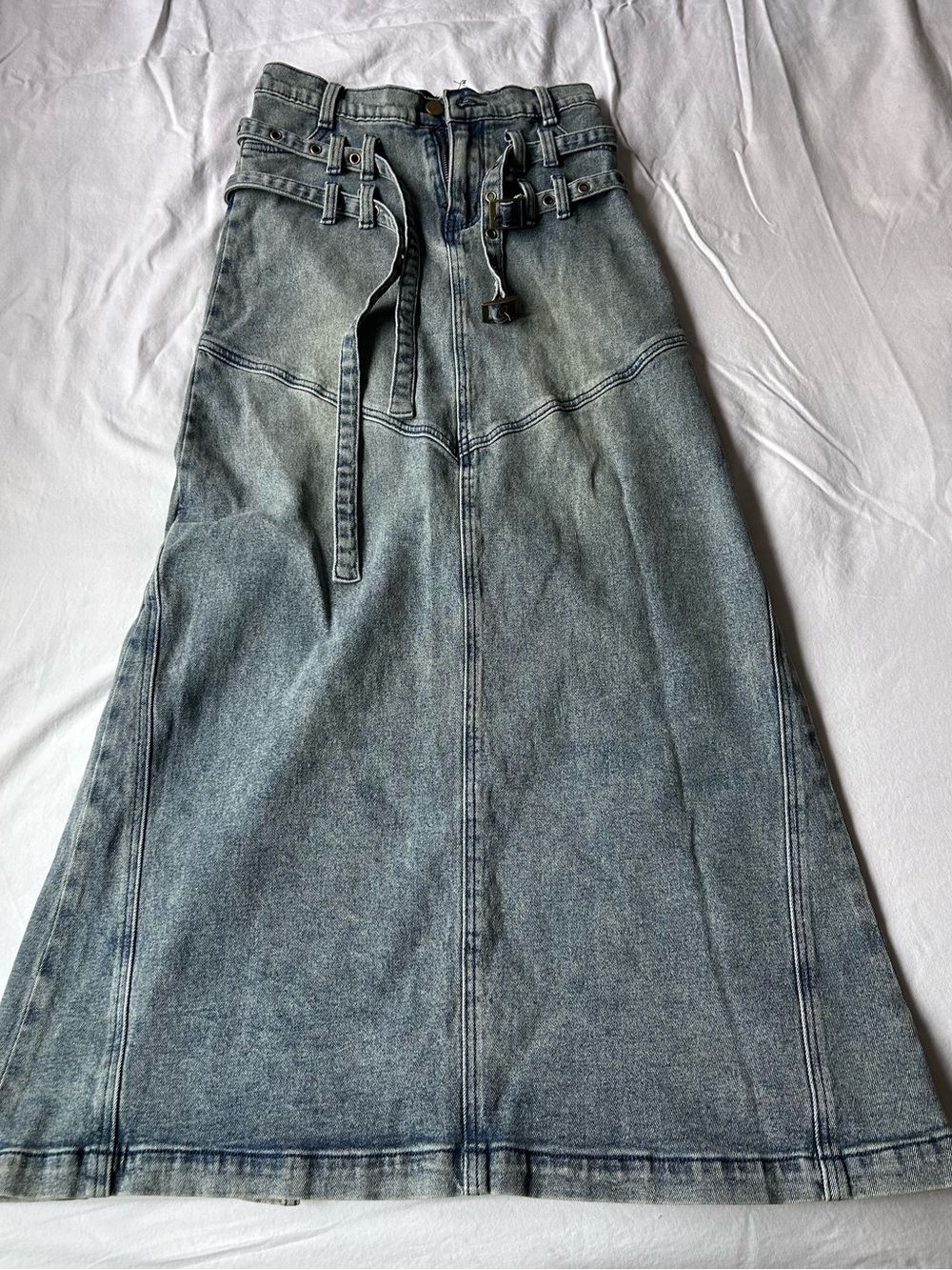 Dolls Kill Washed Blue Denim Maxi Skirt with Buckle Waist